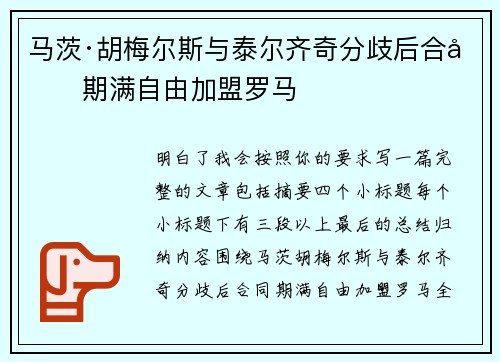 马茨·胡梅尔斯与泰尔齐奇分歧后合同期满自由加盟罗马