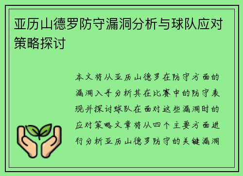 亚历山德罗防守漏洞分析与球队应对策略探讨